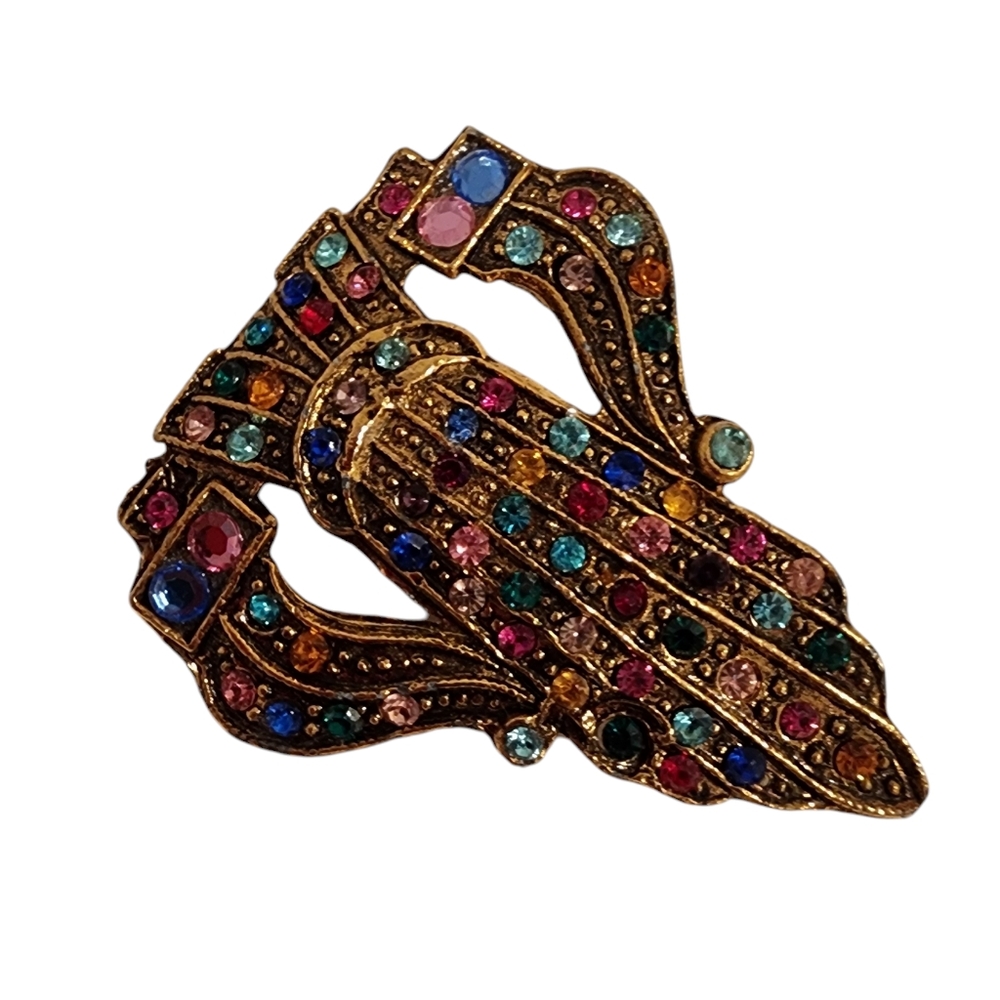 Vintage art deco brooch pin gold multi color rhinestones colorful  A0249